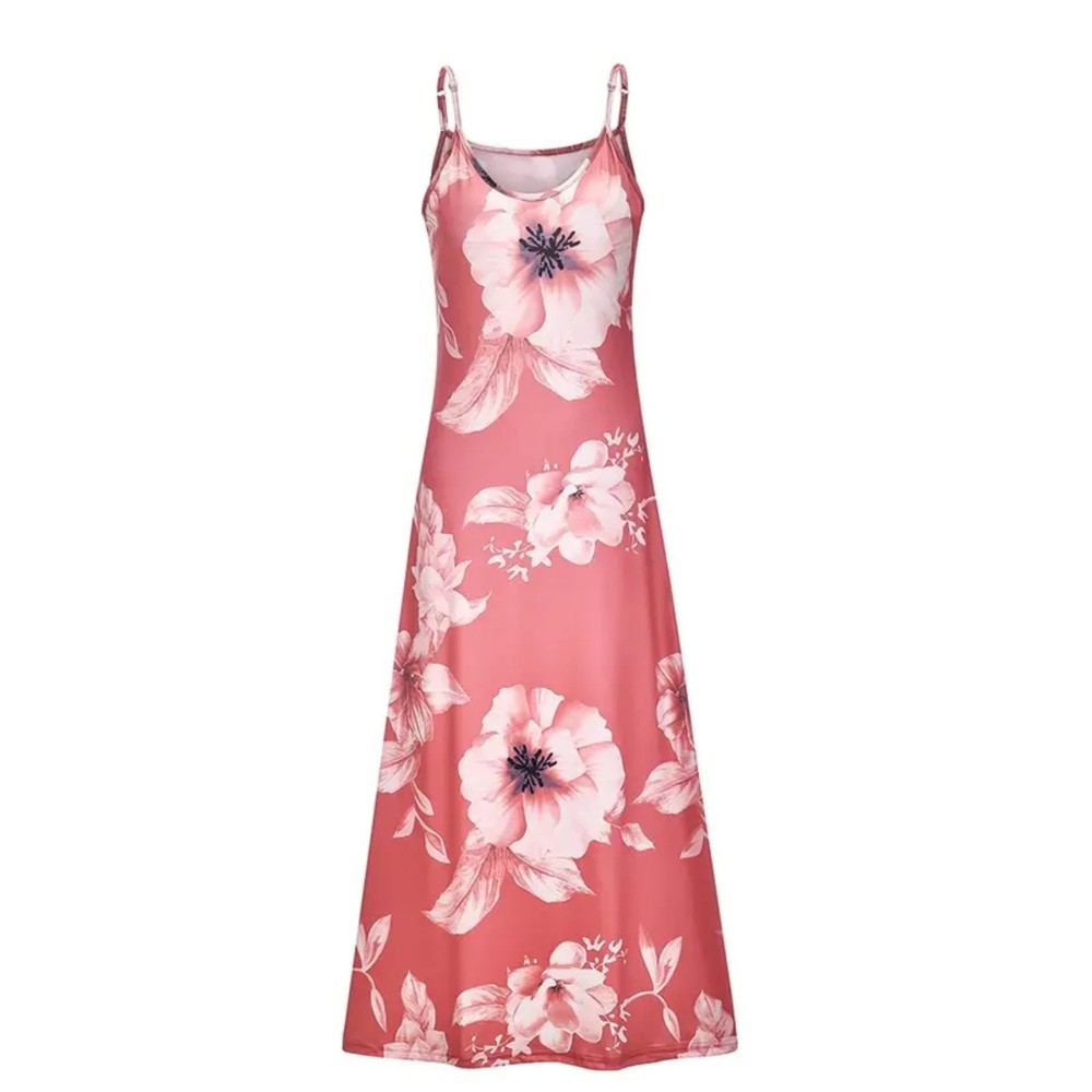 Floral Print Spaghetti Dress, Casual Crew Neck Ankle Cami Dress - Picture 2 of 3